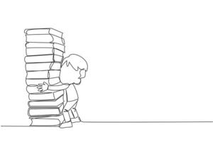 Continuous one line drawing boy hugging a very high pile of books. Hobby to collecting and reading books. Filling free time with useful things. Loving read. Single line draw design illustration vector