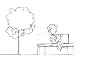 Continuous one line drawing boy sitting on school park bench reading book. Learn by rereading textbook. Read to get maximum marks. Reading increase insight. Single line draw design illustration vector