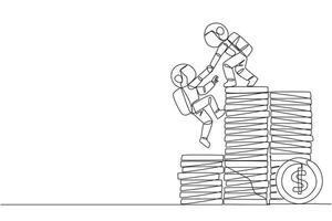 Continuous one line drawing astronaut helps colleague climb a pile of coins. Metaphor help achieve financial targets before entering retirement. Teamwork. Single line draw design illustration vector