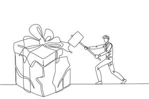 Single one line drawing businessman preparing to hit a big gift box. Businessman expresses disappointment and anger. Destroying everything in sight. Angry. Continuous line design graphic illustration vector