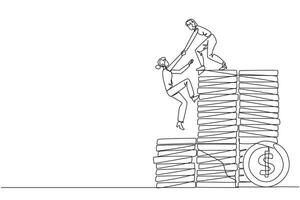 Continuous one line drawing businesswoman helps colleague climb pile of coins. Metaphors help achieve financial target before entering retirement. Teamwork. Single line draw design illustration vector