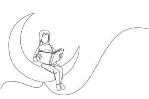 Single one line drawing woman sitting on crescent moon reading a book. Metaphor of reading a fairy story before sleeping. Read until late. Love reading. Continuous line design graphic illustration vector