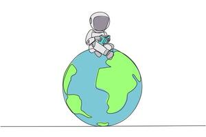 Single continuous line drawing astronaut sitting on big globe reading a book. The metaphor of reading can reach the world. Read everywhere. Book festival concept. One line design illustration vector