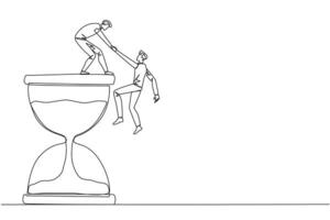 Single continuous line drawing businessman helps colleague climb the large hourglass. Have many assignment deadlines. Sharing with colleagues will become easier. One line design illustration vector