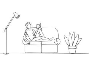 Single continuous line drawing man sitting stretched out on the sofa reading book. Really like the content of the book reading on each page. Impressive. Love read. One line design illustration vector