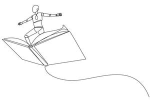 Single one line drawing smart robotic standing on large flying open book. Like riding a cloud, able to fly as high as possible. Reading increase insight. Continuous line design graphic illustration vector