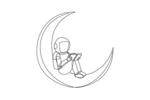 Single one line drawing astronaut sitting on crescent moon reading book. Reading story before bed. Passionate about reading in any condition. Book festival. Continuous line design graphic illustration vector