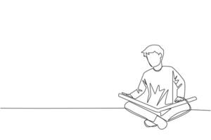 Continuous one line drawing man sit down and put reading book on feet. Interesting to read the complete geographic map. Eliminate curiosity. Book festival. Single line draw design illustration vector