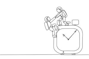 Single continuous line drawing young astronaut helps colleague climb big alarm clock. Helping coworkers. Deadline is coming. Work together for better end result. One line design illustration vector