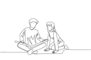 Continuous one line drawing man woman sit down and put reading book on feet. Interesting to read the complete geographic map. Eliminate curiosity. Book festival. Single line design illustration vector