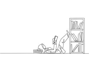 Single one line drawing Arab woman lying on back reading fiction story book near bookcase. Read slowly to enjoy the storyline. Hobby reading. Good habit. Continuous line design graphic illustration vector