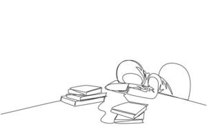 Continuous one line drawing Arabian woman asleep at table where there were piles of books. Tired after successfully finish favorite reading book. Reading. Single line draw design illustration vector