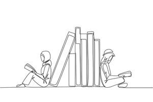 Continuous one line drawing Arab man woman reading sitting leaning against pile of books. Habit of reading book every day. Library. Book festival concept. Single line draw design illustration vector