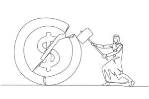 Continuous one line drawing Arab businessman preparing to hit coin with dollar symbol. Failed to get new investor. Failed to get income. Expressing anger. Single line draw design illustration vector