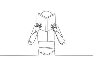 Continuous one line drawing robot seriously reading book until cover the face. Nervous when facing the final exams. Try to focus. Reading increase insight. Single line draw design illustration vector