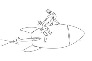 Single continuous line drawing businesswoman helps colleague climb flying rocket. Metaphor help in managing company branches. Skyrocketed like the previous business. One line illustration vector