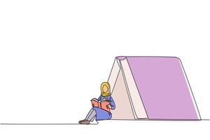 Single continuous line drawing Arabian woman sitting in front of large tent-shaped book. Reading adventure fiction books in the wild. Addicted to reading. Book festival. One line illustration vector