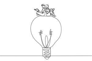 Single continuous line drawing Arabian man woman sitting on big lightbulb. Read with focus and serious. Metaphor looking for brilliant idea from scientific books. Book festival. One line design vector