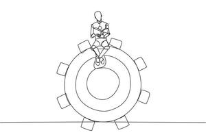 Single continuous line drawing robot artificial intelligence sitting on big gear. Read several commands to change robot intelligence level settings. Book festival. One line design illustration vector