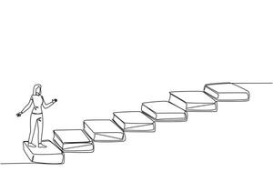 Continuous one line drawing woman climb stairs from books. Reading increases knowledge which can increase the dignity of a better life. Book festival concept. Single line design illustration vector