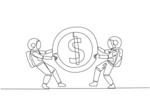 Single one line drawing two angry astronaut fighting over the dollar sign coin. The last coin used to buy fresh drinks at vending machine. Attack. Rival. Continuous line design graphic illustration vector