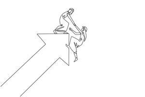 Single continuous line drawing Arabian businessman helps colleague climb rising arrow symbol. Compact teamwork. Positive effect on company. Complete work correctly. One line design illustration vector