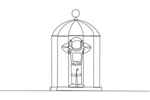 Single continuous line drawing tired astronaut trapped in the cage standing frustrated holding head. Anxiety caused cannot move freely. Confined. Imprisoned. One line design illustration vector