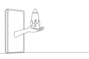 Single one line drawing the hand comes out from the middle of the smartphone holding the rocket. The metaphor of taking full control of an online business. Continuous line design graphic illustration vector