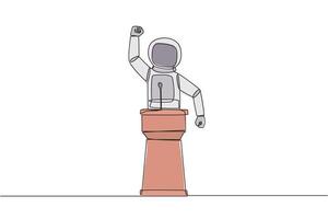 Single continuous line drawing young astronaut speak at the podium by clenching fists at head height. Doing oration. Leadership concept. Burning the spirit. Orator. One line design illustration vector