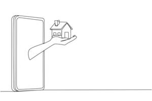 Single continuous line drawing hands come out from middle of smartphone holding a miniature house. Getting best asset in the form of a house from business result. One line design illustration vector