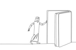 Continuous one line drawing Arabian man open the book-shaped door. Book can open mind and see everywhere. Increase knowledge about wider world. Book festival. Single line design illustration vector