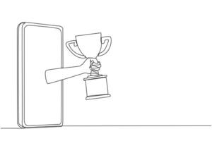 Continuous one line drawing hand comes out from middle of smartphone holding trophy. Seller receive reward from buying and selling service provider application. Single line design illustration vector