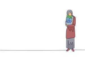 Single continuous line drawing Arabian woman standing hugging some books. Favorite book that finish reading. Some books will be donated to national library. Charity. Knowledge. One line design vector