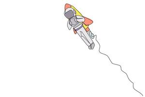 Single one line drawing young astronaut flying with rocket. Desire to take the business to the moon. Successful entrepreneur. The great energetic astronaut. Continuous line design graphic illustration vector