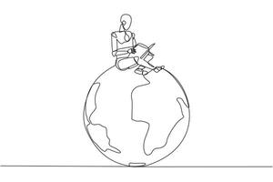 Single one line drawing smart robot sitting on big globe reading book. The metaphor of reading can reach the world. Read everywhere. Book festival concept. Continuous line design graphic illustration vector