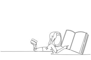 Single continuous line drawing girl lying on her stomach reading a big book. Enjoy reading books in a variety of styles. Reading increases insight. Love reading. One line design illustration vector