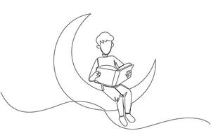 Single one line drawing man sitting on crescent moon reading a book. Metaphor of reading a fairy story before sleeping. Read until late. Love reading. Continuous line design graphic illustration vector