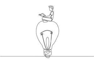 Single continuous line drawing man sitting on big lightbulb. Read with focus and serious. Metaphor looking for brilliant ideas from scientific books. Book festival. One line design illustration vector