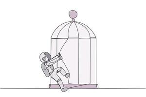 Single continuous line drawing young astronaut pull the iron bars until dented. Describes anger. The cosmonaut expressing disappointment. Unhappy. Exasperated. One line design illustration vector