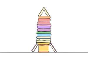 Continuous one line drawing stacked books form a rocket. Space book festival concept. Guidebook for carrying out expedition missions. Technology. Vehicle. Single line draw design illustration vector