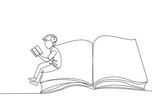 Continuous one line drawing serious man sitting on the edge of a large open book. Study before exam time arrives. Read textbooks with focus. Reading is fun. Single line draw design illustration vector