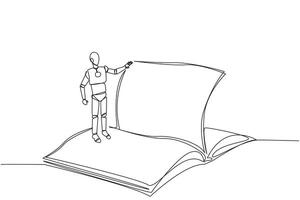 Single one line drawing smart robotic standing over open ledger turning page. Read slowly to understand contents of each page. Reading increases insight. Continuous line design graphic illustration vector