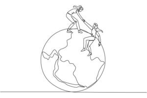 Single continuous line drawing businesswoman helps colleague climb the big globe. The metaphor of reaching top of the world through increasing business. Teamwork. One line design illustration vector