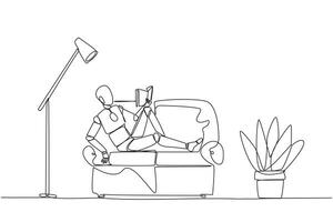 Single one line drawing smart robot sitting stretched out on sofa reading book. Really like content of the book reading on each page. Impressive. Love read. Continuous line design graphic illustration vector