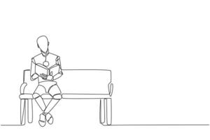 Single one line drawing smart robot sitting reading on chair in the university park. Prepare for the final exam with serious reading. Book festival concept. Continuous line design graphic illustration vector