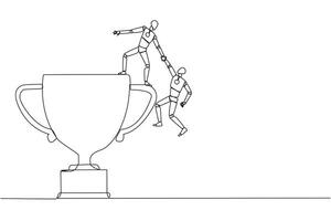 Single one line drawing smart robotic helps colleague climb the big trophy. Achievement that cannot be achieved without great teamwork. Smart teamwork. Continuous line design graphic illustration vector