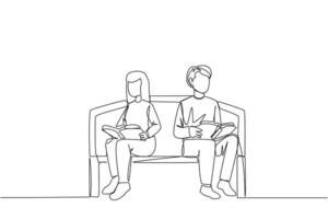 Single continuous line drawing man woman sitting and reading on chair in university park. Prepare for the final exams with serious reading. Book festival concept. One line design illustration vector