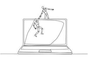 Single continuous line drawing smart robot helps colleague to climb a big laptop computer. Help create applications to develop business online. Great teamwork. One line design illustration vector