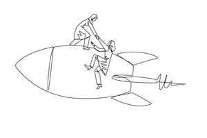 Continuous one line drawing Arab businesswoman helps colleague climb flying rocket. Metaphor help in managing company branches. Skyrocketed like the previous business. Single line draw design vector