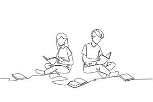 Single continuous line drawing man woman sitting relaxed in library reading lot of books. Looking for answers to assignments. Hobby reading. Book festival concept. One line design illustration vector